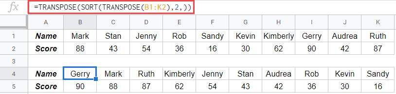 Cách sắp xếp dữ liệu theo hàng ngang trong Google Sheets
